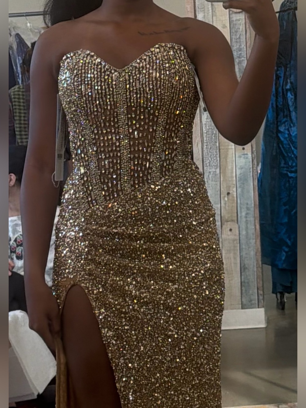 Portia and Scarlett Gold Sequin Strapless High-Slit Prom Dress